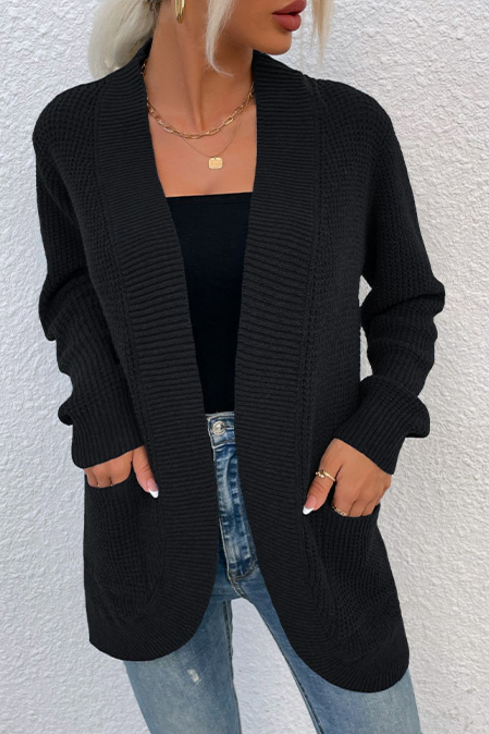 Open Front Rib-Knit Cardigan with Pockets-Angel Casuals