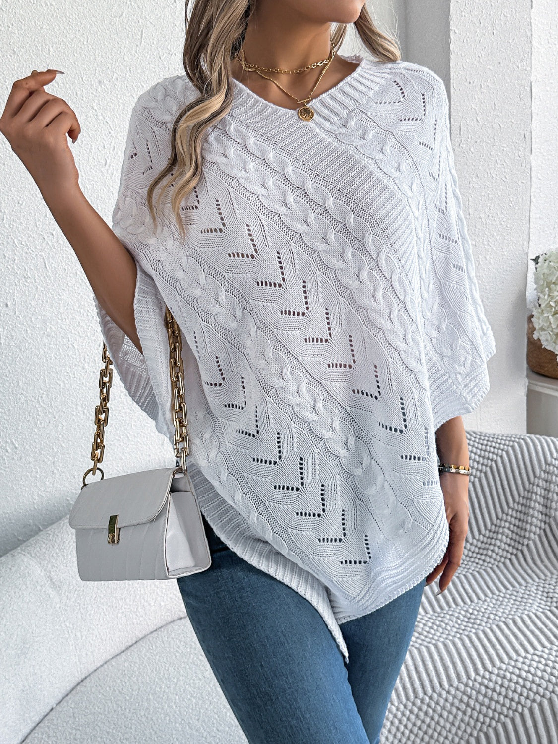 Cable-Knit Openwork Three-Quarter Sleeve Sweater-Angel Casuals