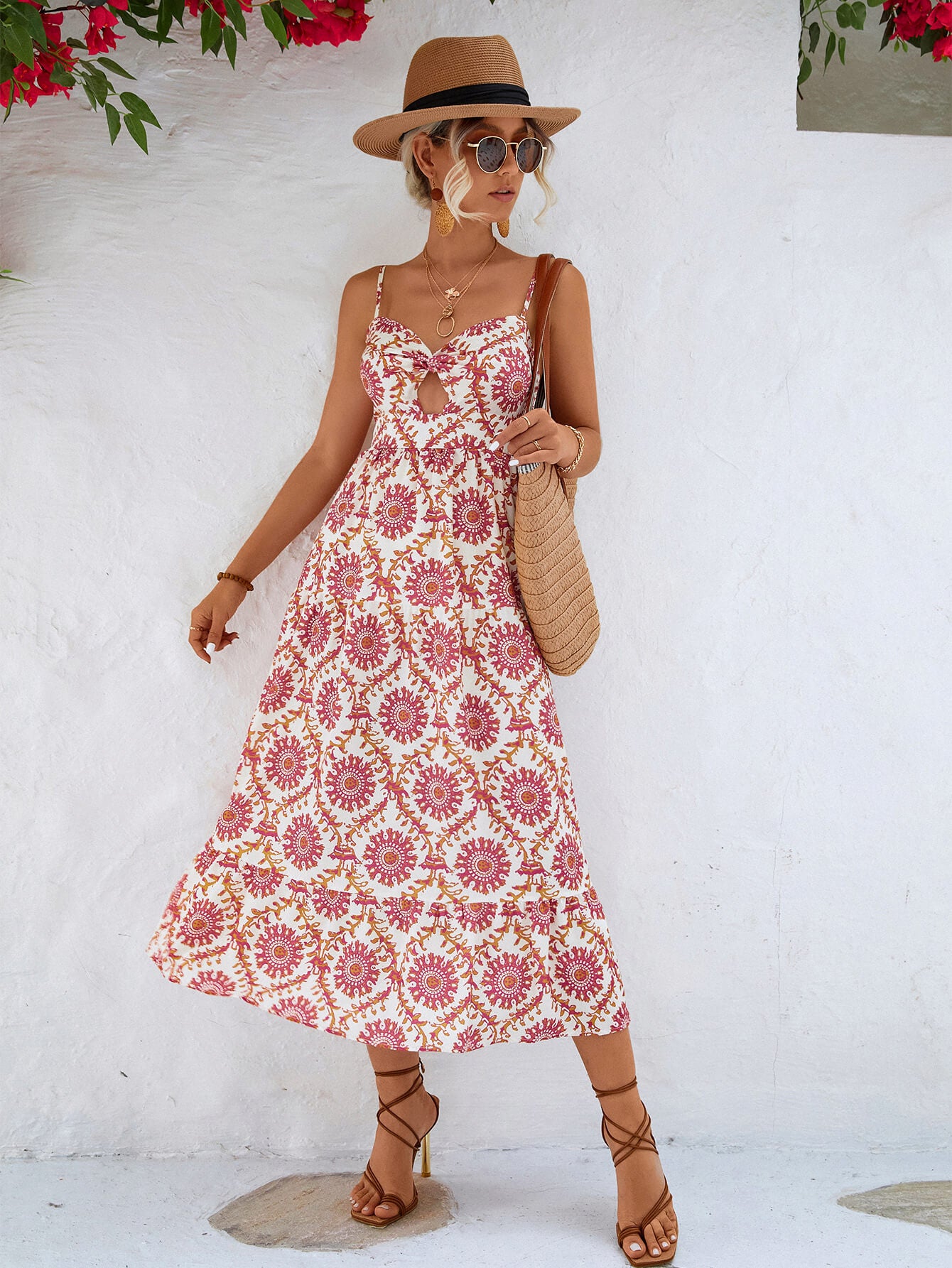 Printed Cutout Spaghetti Strap Midi Dress-Angel Casuals