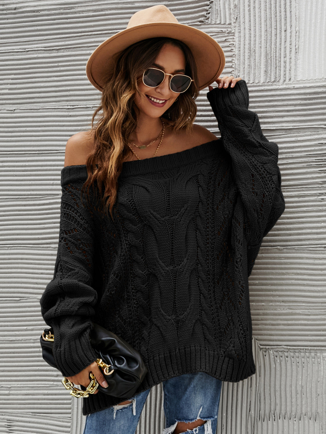 Cable Knit Openwork Off-Shoulder Sweater-Angel Casuals