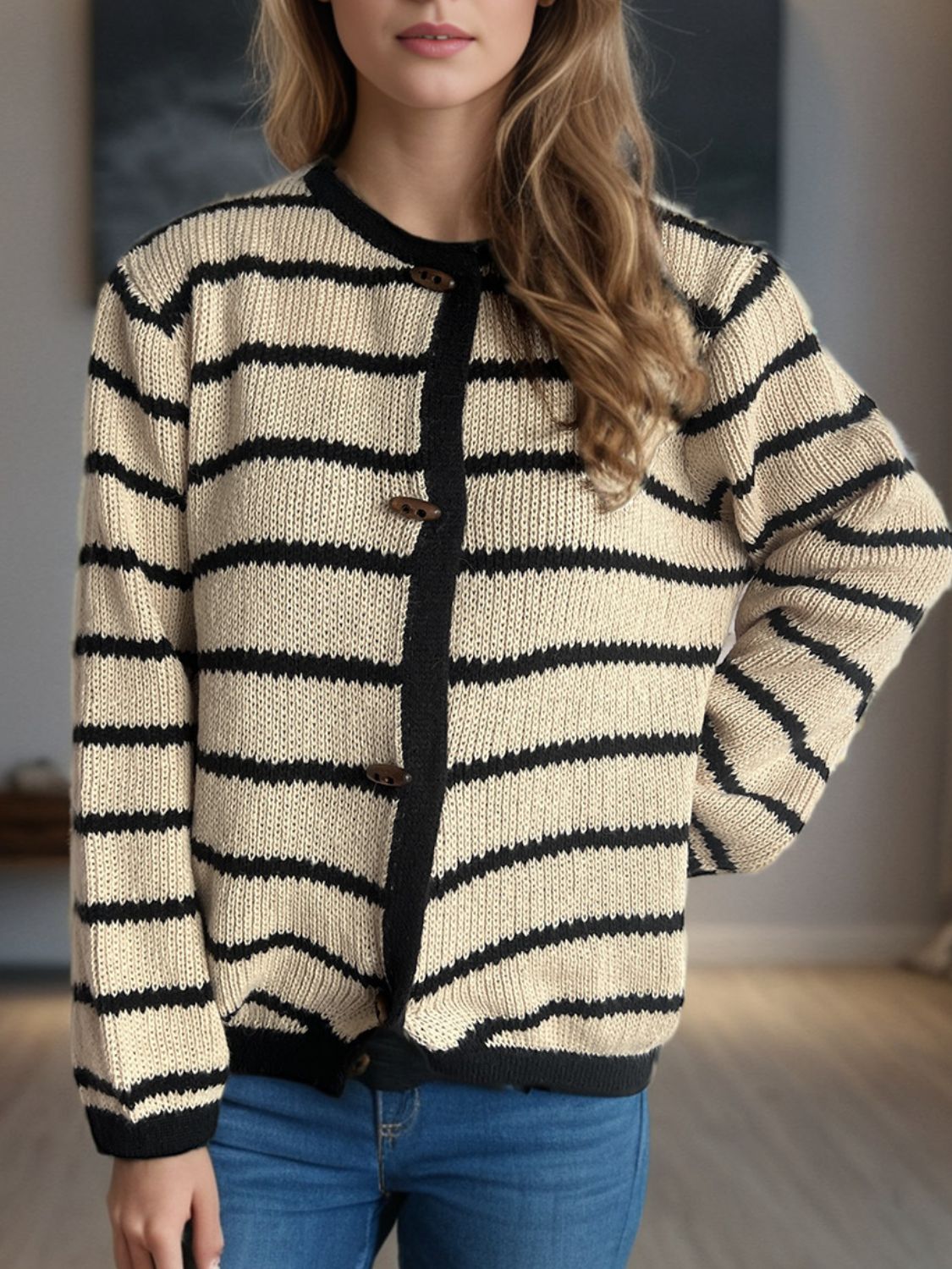 Striped Round Neck Long Sleeve Cardigan-Angel Casuals