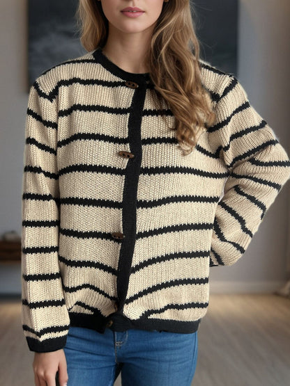 Striped Round Neck Long Sleeve Cardigan-Angel Casuals