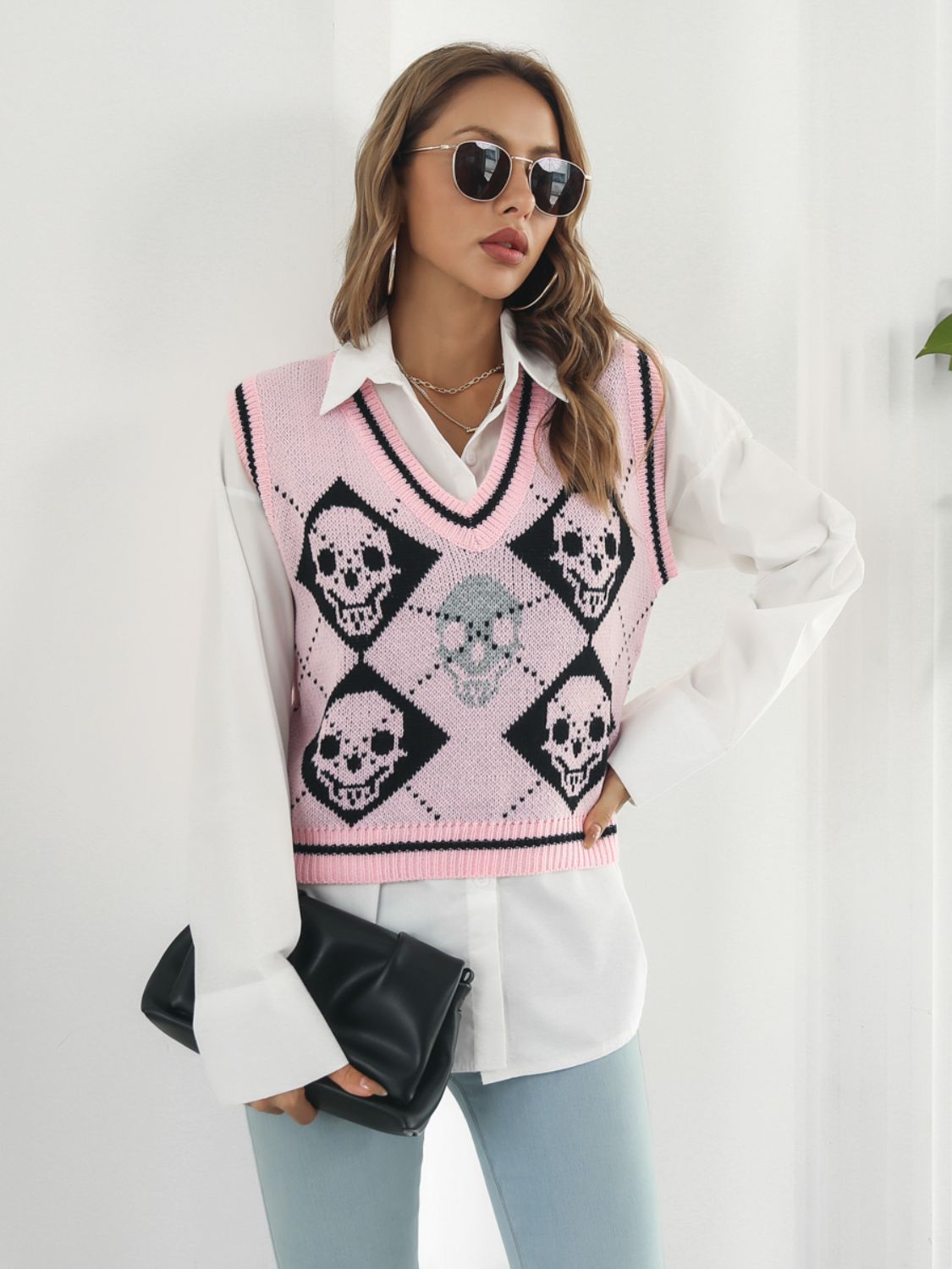 Skull Contrast V-Neck Sweater Vest-Angel Casuals