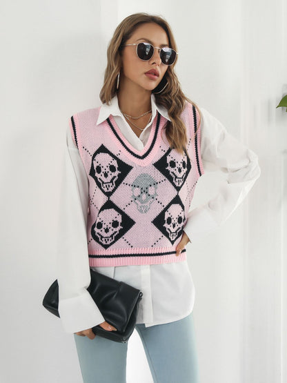 Skull Contrast V-Neck Sweater Vest-Angel Casuals