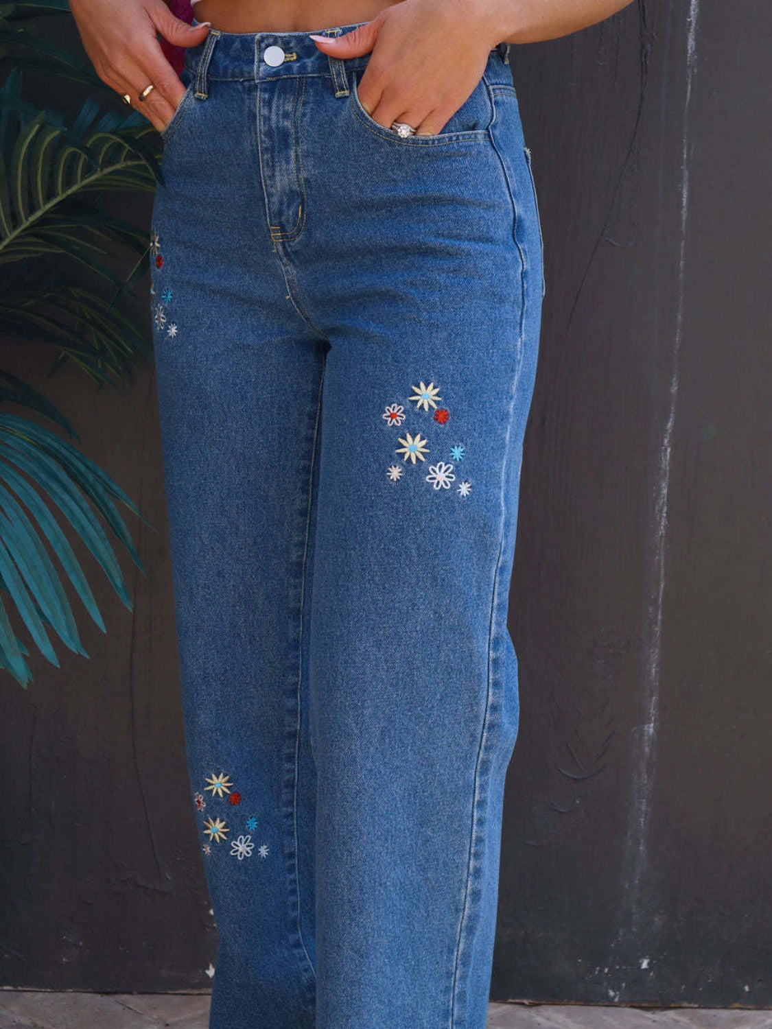 Embroidered Straight Jeans with Pockets-Angel Casuals