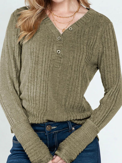 Textured V-Neck Long Sleeve T-Shirt-Angel Casuals