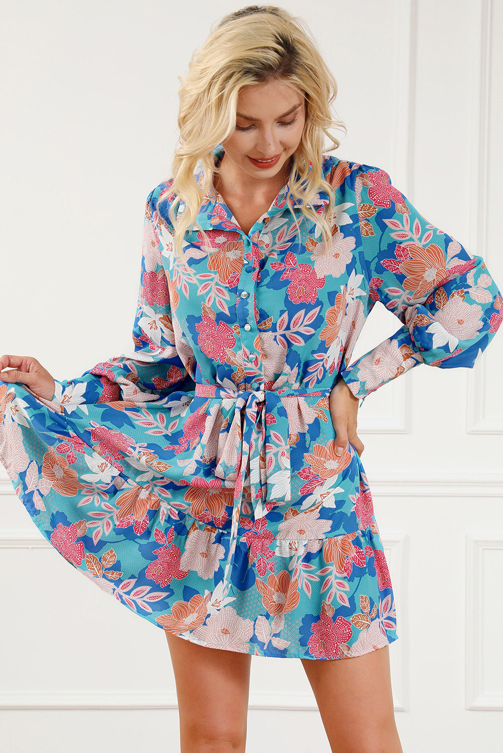 Floral Tie Waist Lantern Sleeve Ruffled Hem Mini Dress-Angel Casuals