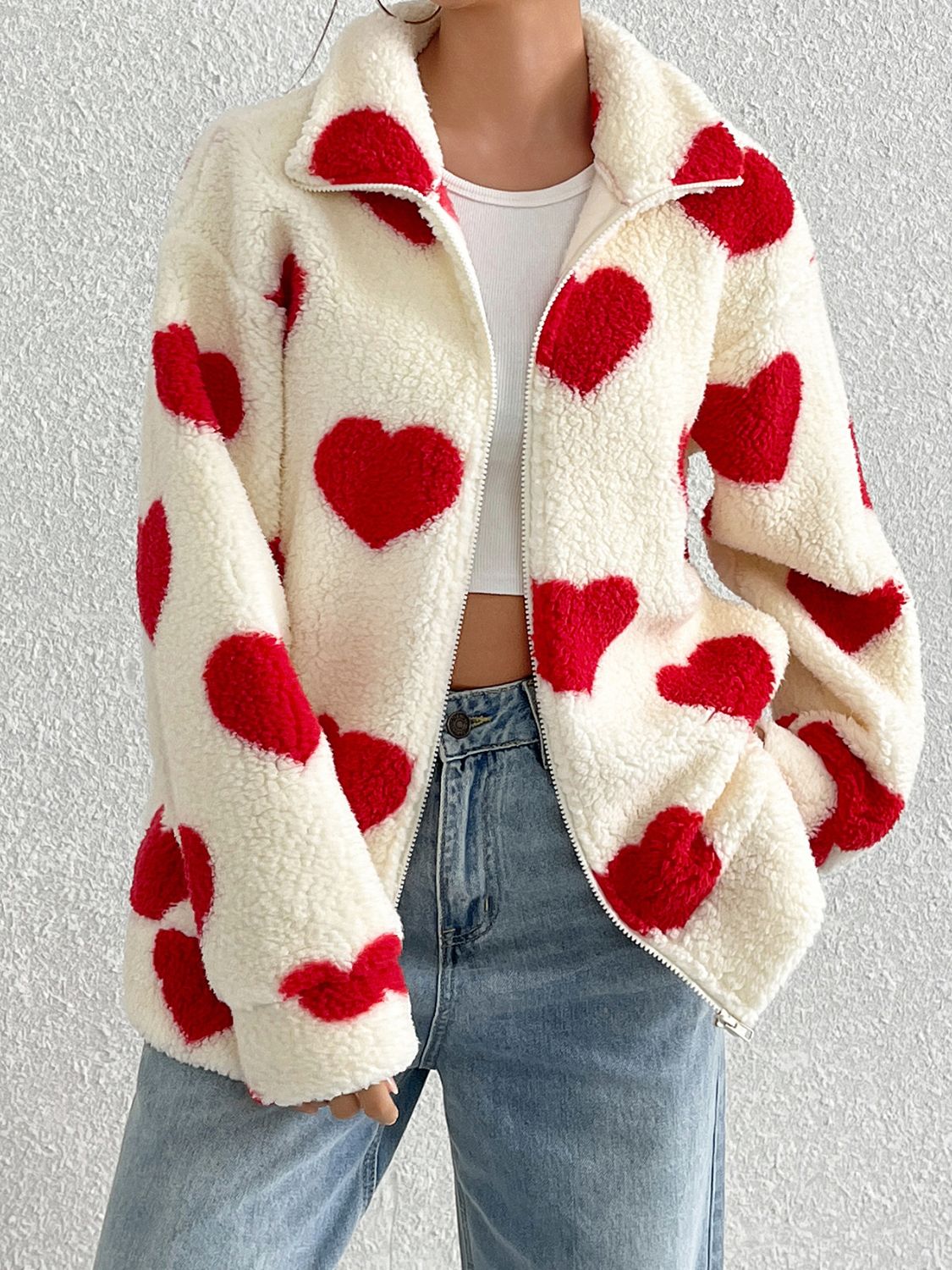 Heart Zip Up Drop Shoulder Furry Jacket-Angel Casuals
