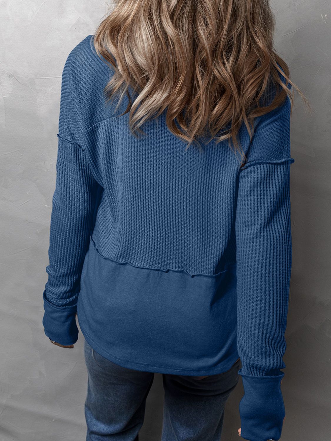 Waffle-Knit Notched Long Sleeve T-Shirt-Angel Casuals
