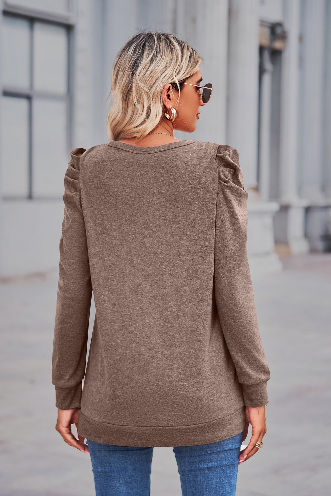 Heathered Puff Sleeve Round Neck Tunic Top-Angel Casuals