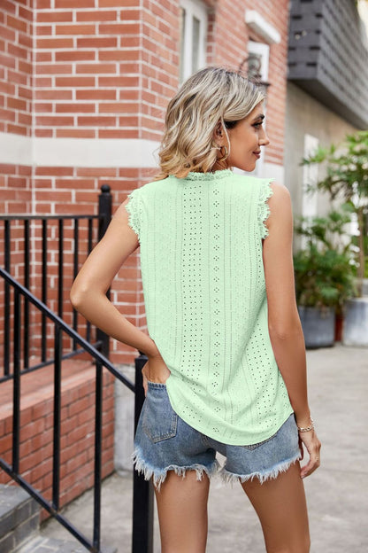 Eyelet Lace Trim Eyelash V-Neck Tank-Angel Casuals