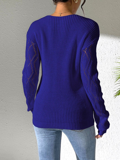 Openwork V-Neck Long Sleeve Sweater-Angel Casuals