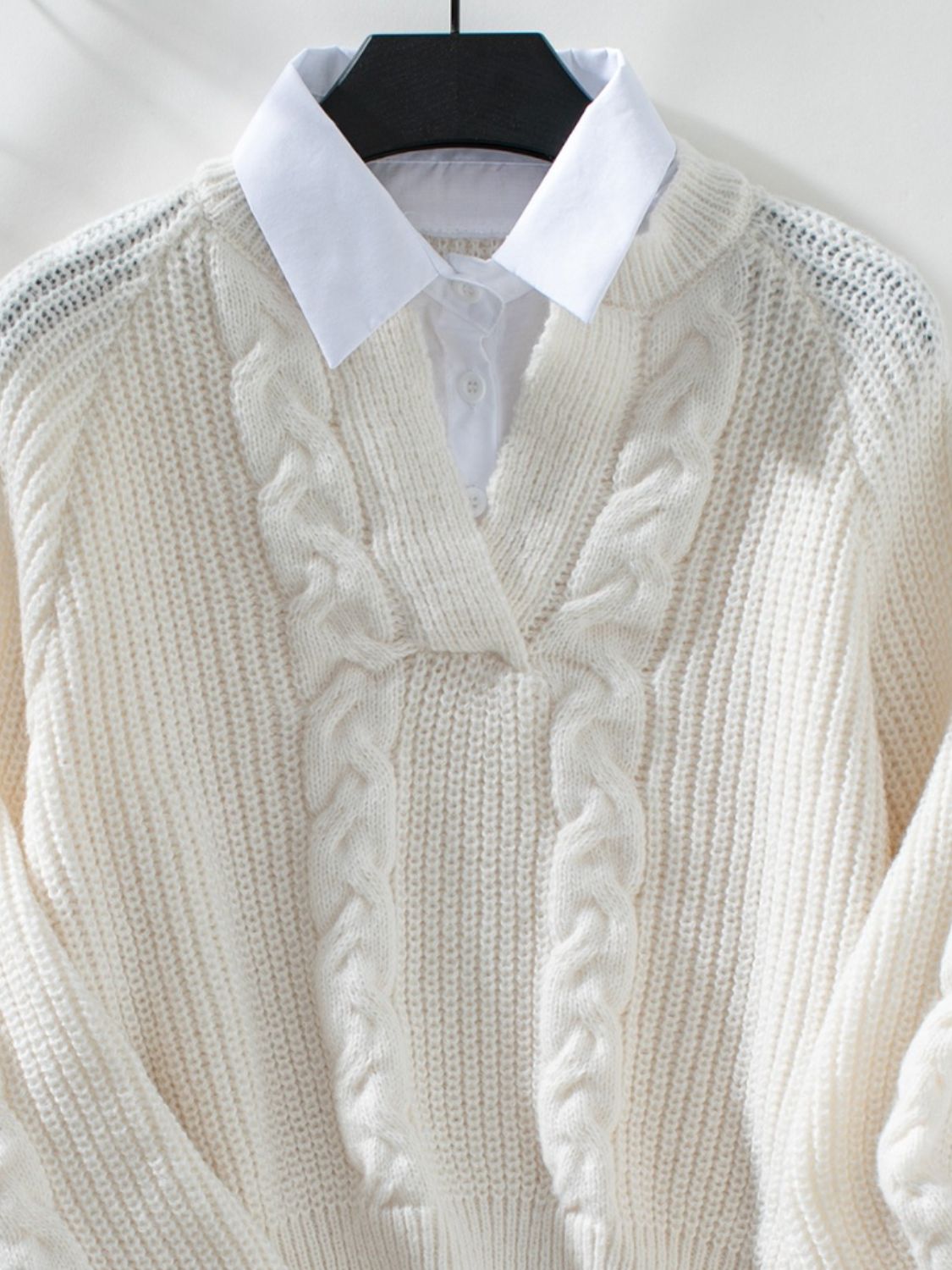 Cable-Knit Collared Neck Faux Layered Sweater-Angel Casuals