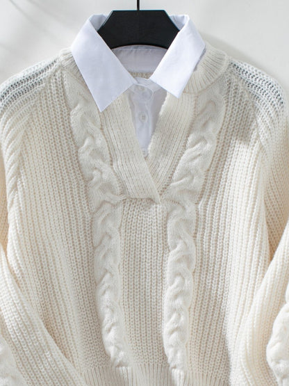 Cable-Knit Collared Neck Faux Layered Sweater-Angel Casuals