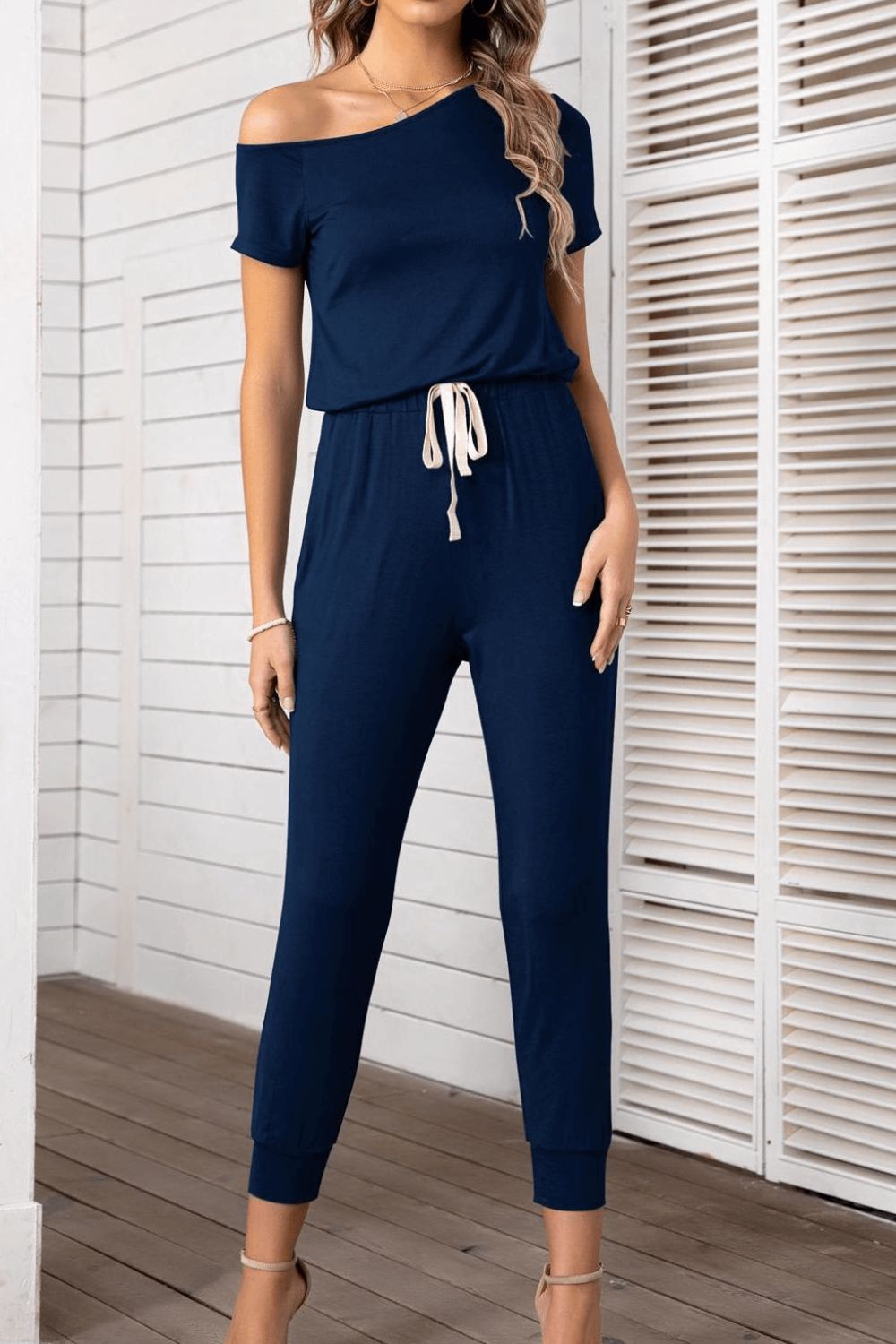 Asymmetrical Neck Short Sleeve Jumpsuit-Angel Casuals