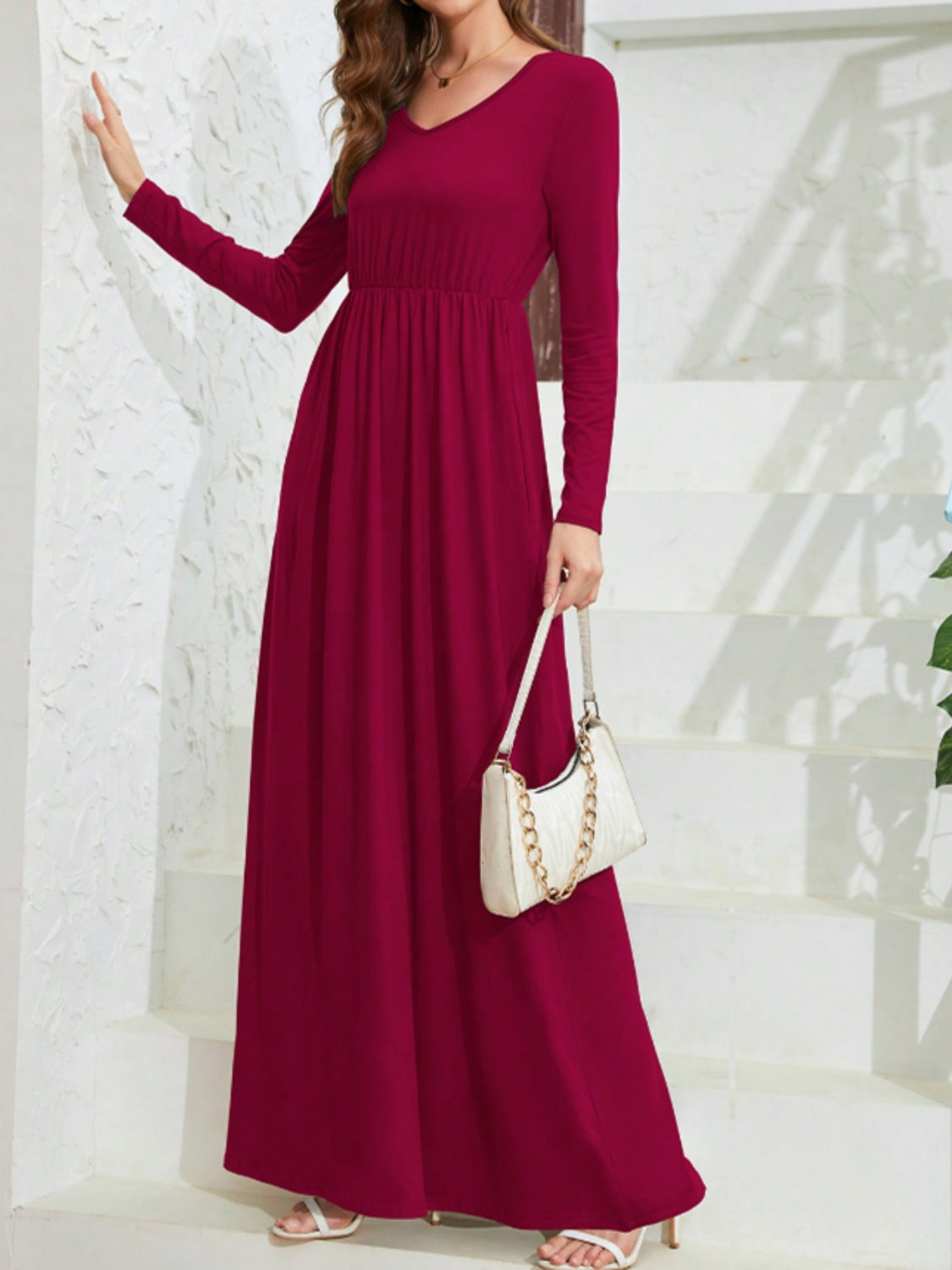 Pocketed V-Neck Long Sleeve Maxi Dress-Angel Casuals