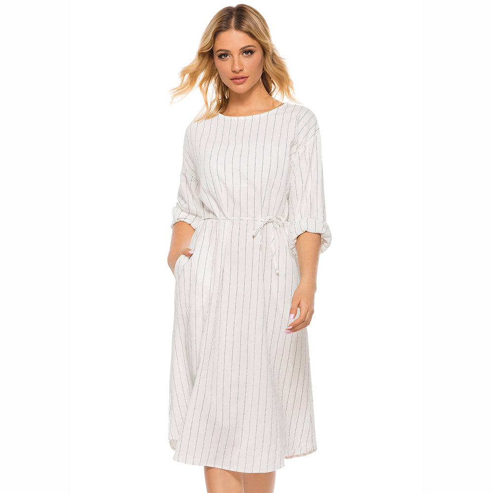 Pinstripe Tie Waist Round Neck Dress-Angel Casuals