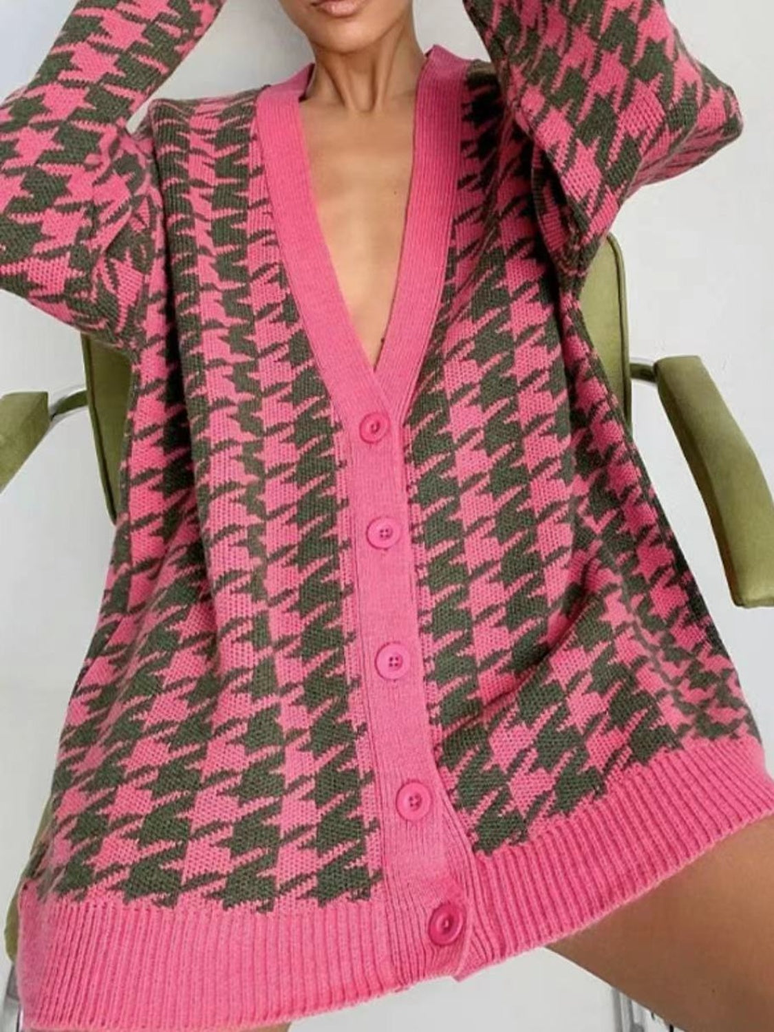 Houndstooth Button Up Long Sleeve Cardigan-Angel Casuals