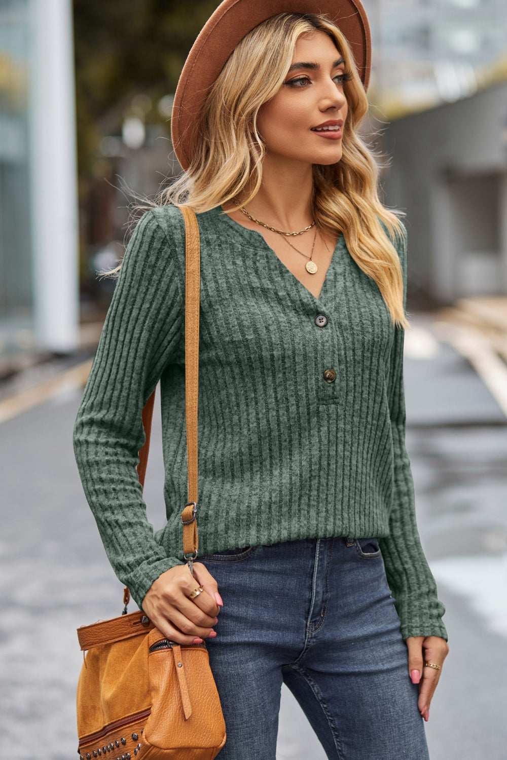 Lovelet Ribbed Half Button Long Sleeve Knit Top-Angel Casuals