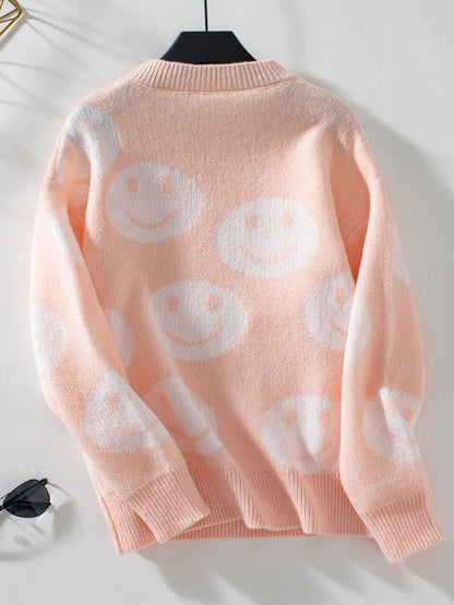 Smile Pattern Round Neck Long Sleeve Sweater-Angel Casuals