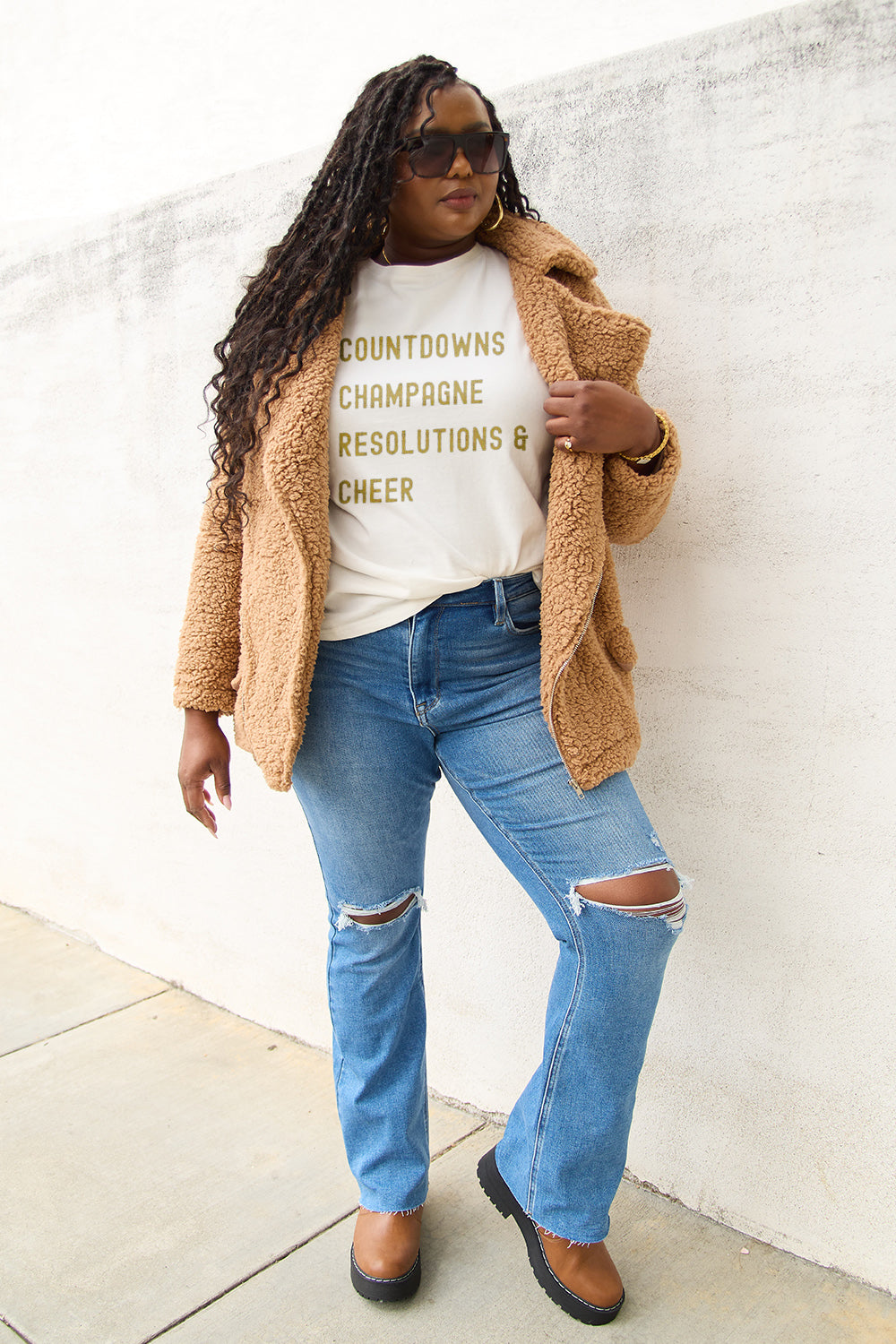 Simply Love Full Size COUNTDOWNS CHAMPAGNE RESOLUTIONS & CHEER Round Neck T-Shirt-Angel Casuals