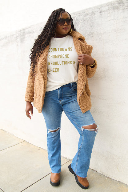 Simply Love Full Size COUNTDOWNS CHAMPAGNE RESOLUTIONS & CHEER Round Neck T-Shirt-Angel Casuals