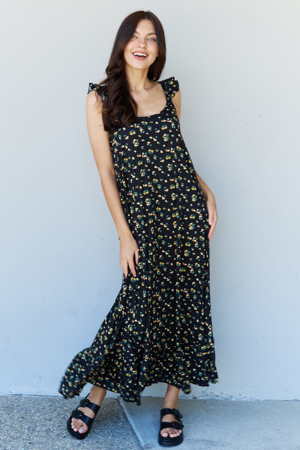 Doublju In The Garden Ruffle Floral Maxi Dress in Black Yellow Floral-Angel Casuals