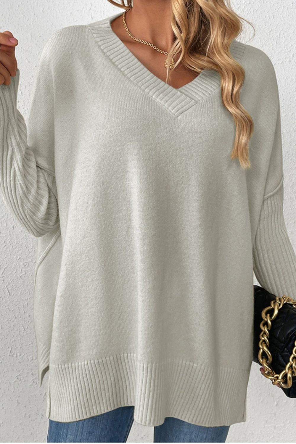 Slit V-Neck Dropped Shoulder Sweater-Angel Casuals