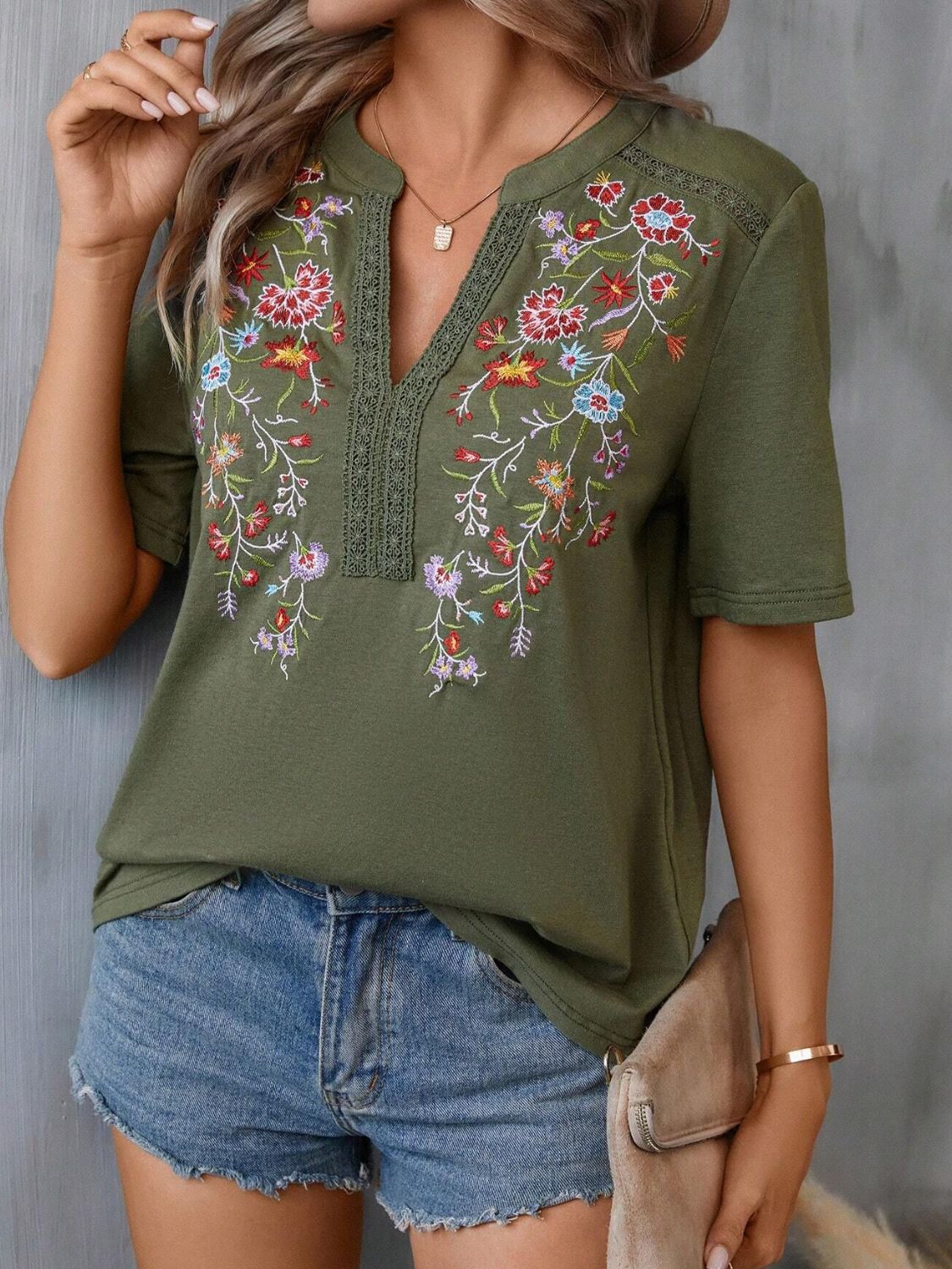 Embroidered Notched Short Sleeve T-Shirt-Angel Casuals
