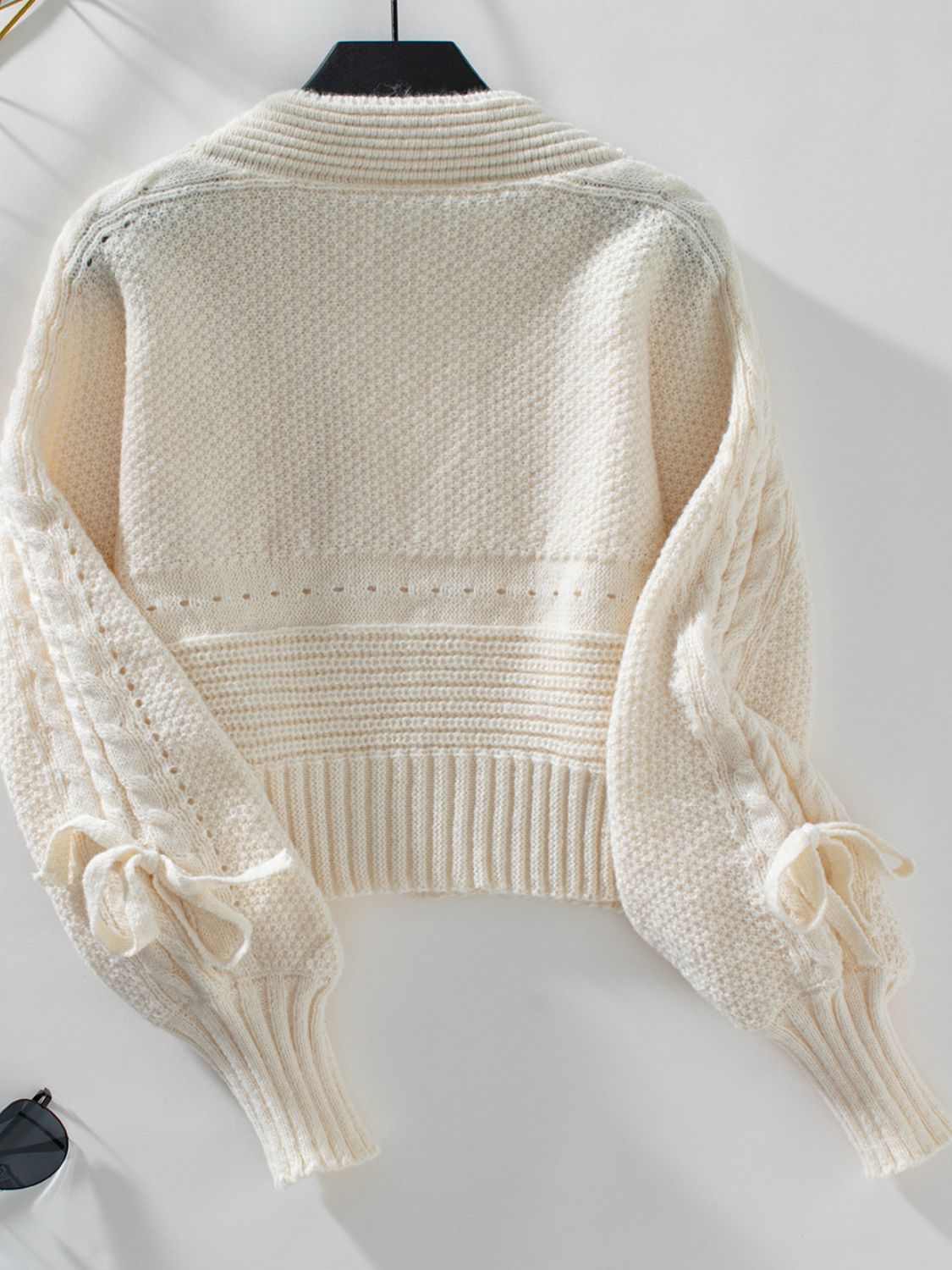 Cable-Knit Tied Open Front Lantern Sleeve Cardigan-Angel Casuals