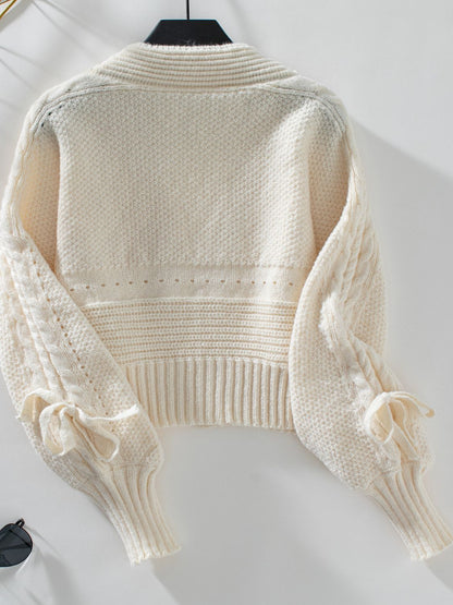 Cable-Knit Tied Open Front Lantern Sleeve Cardigan-Angel Casuals