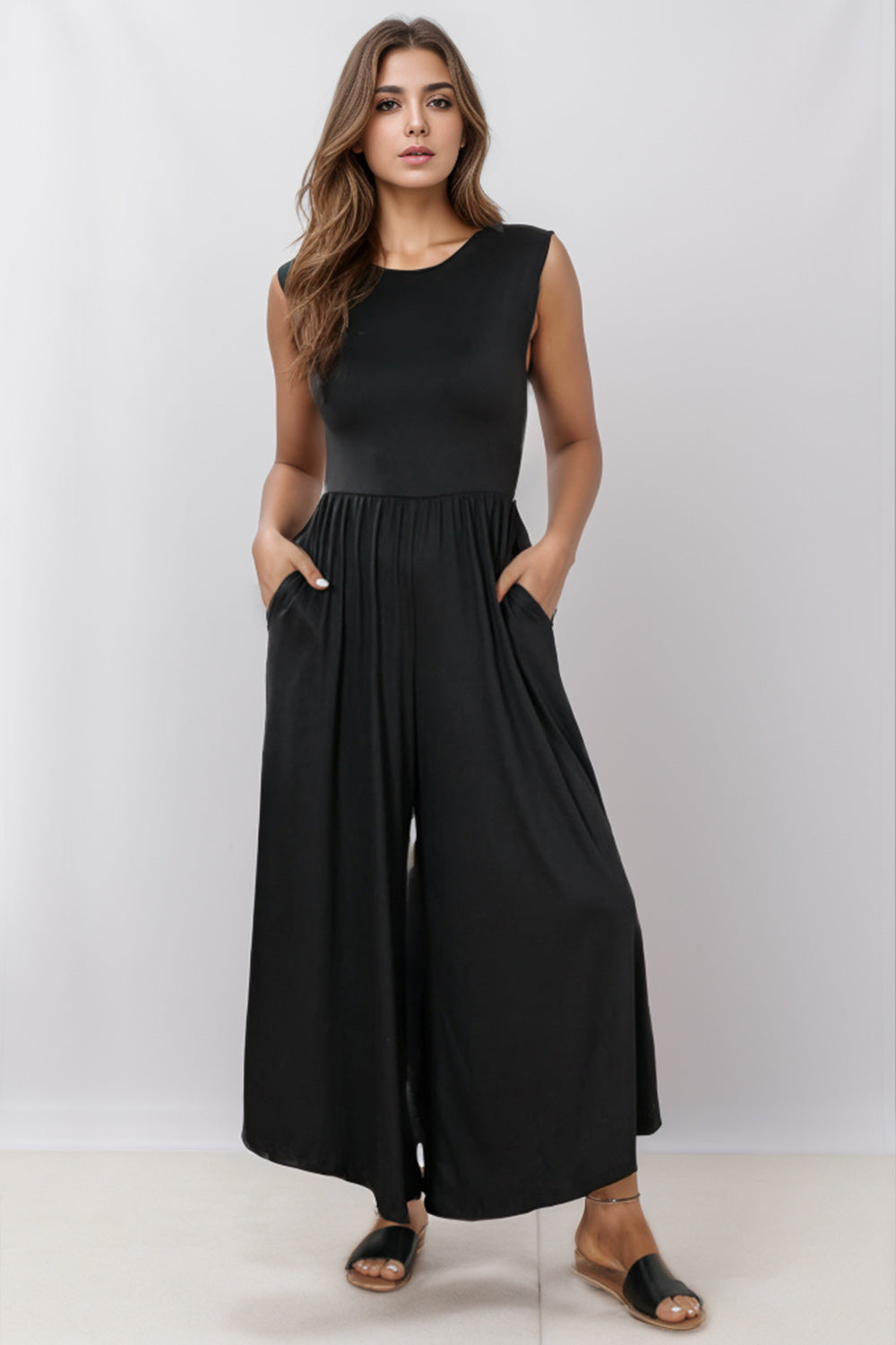 Round Neck Sleeveless Jumpsuit with Pockets-Angel Casuals