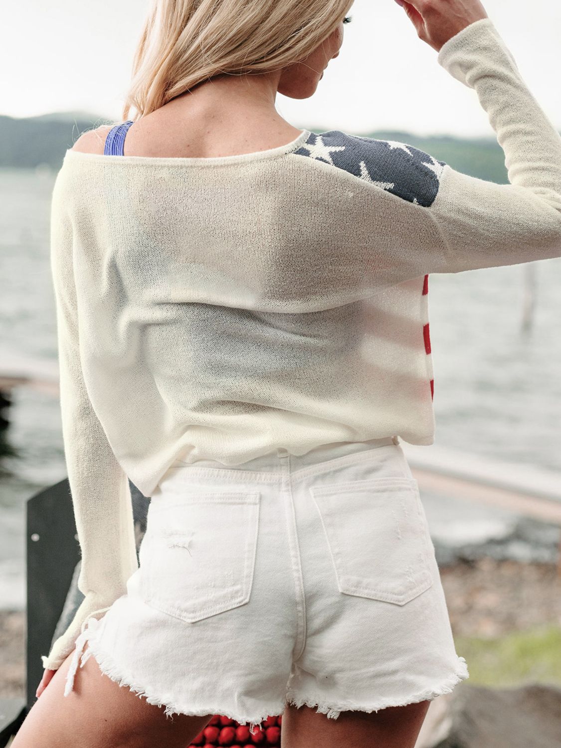 Perfee US Flag Boat Neck Long Sleeve Knit Top-Angel Casuals