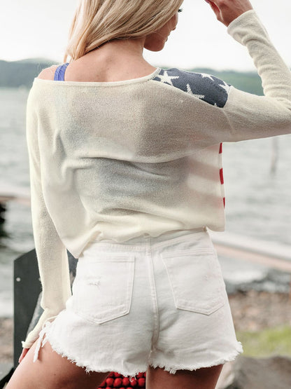 Perfee US Flag Boat Neck Long Sleeve Knit Top-Angel Casuals