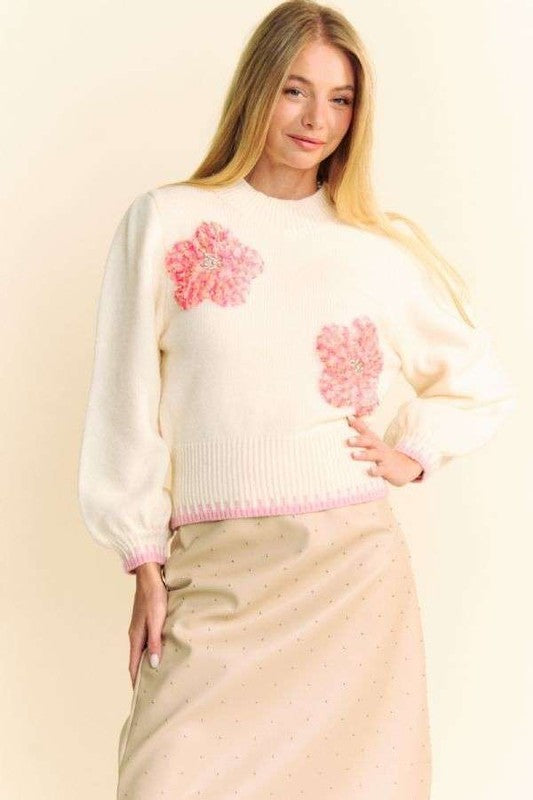 Davi & Dani Flower Patch Fuzzy Mock Neck Sweater-Angel Casuals