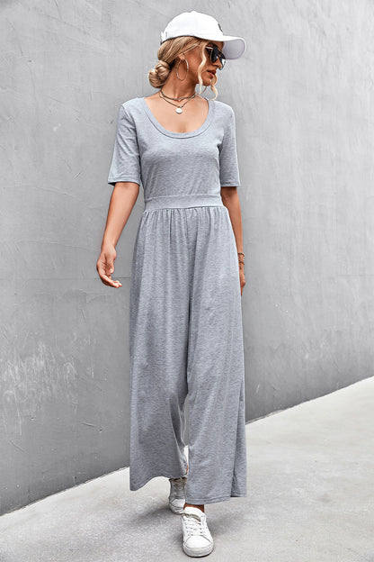 Scoop Neck Half Sleeve Wide Leg Jumpsuit-Angel Casuals