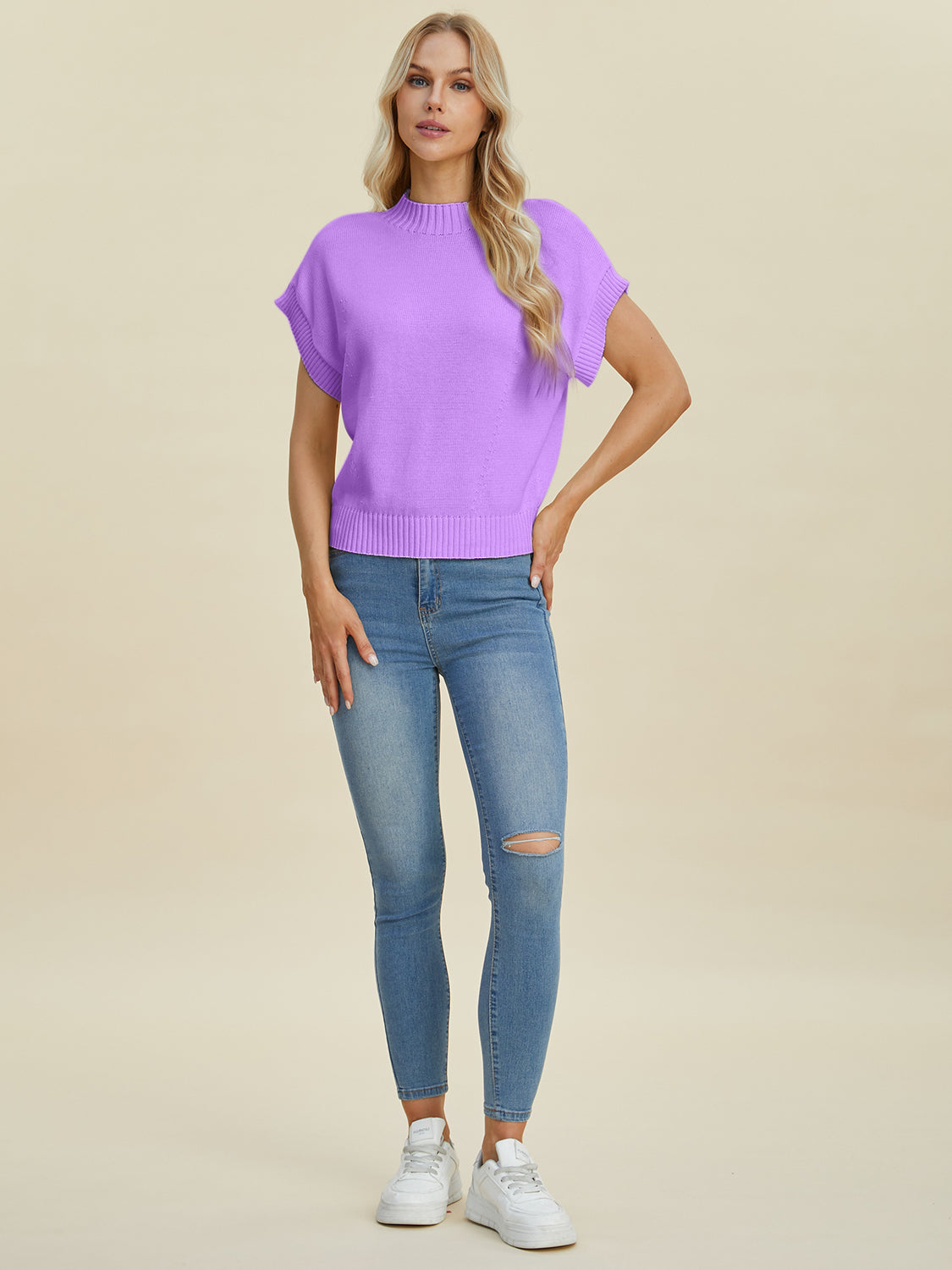 Double Take Full Size Mock Neck Short Sleeve Sweater-Angel Casuals