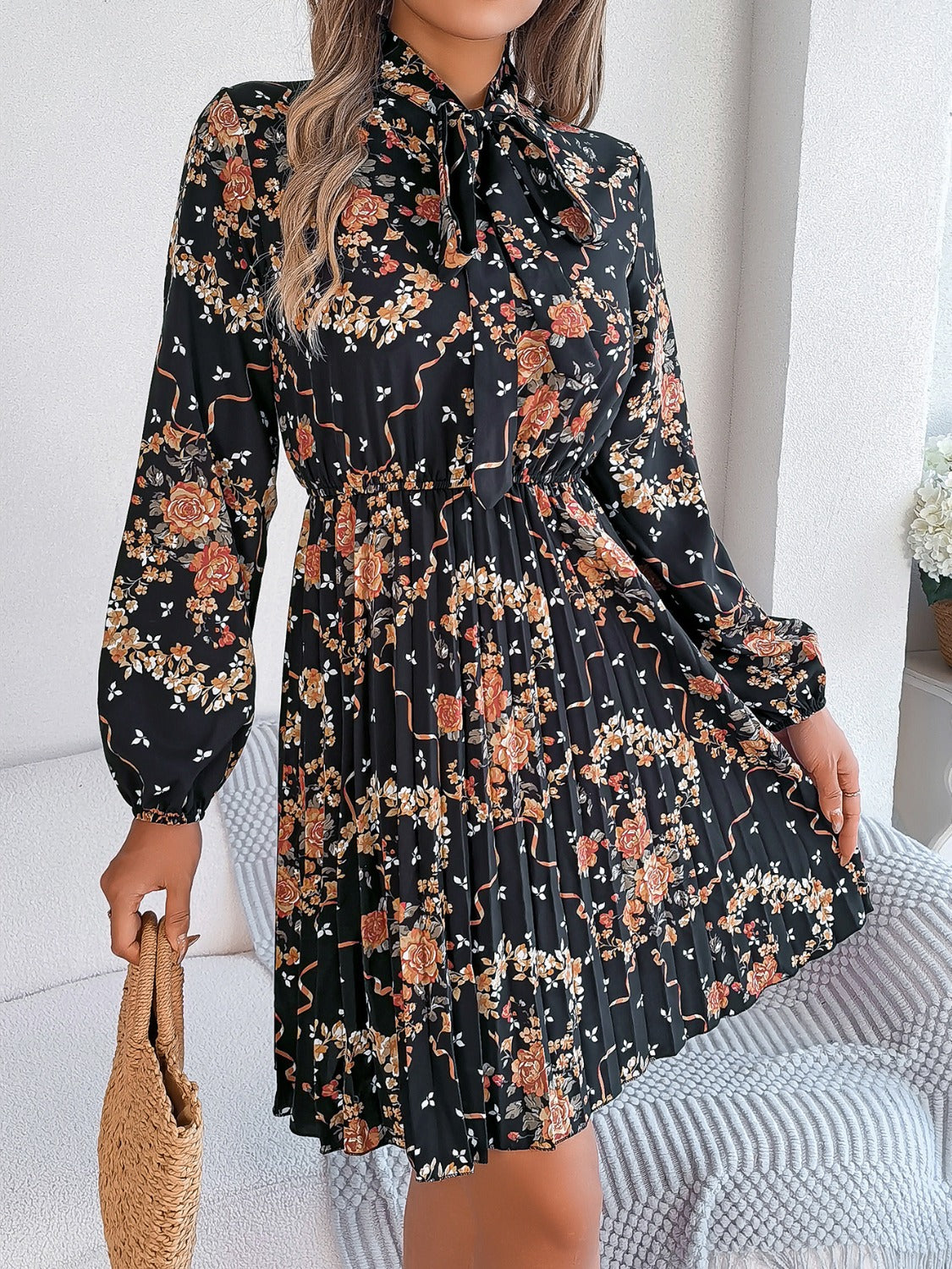 Pleated Printed Tie Neck Long Sleeve Dress-Angel Casuals