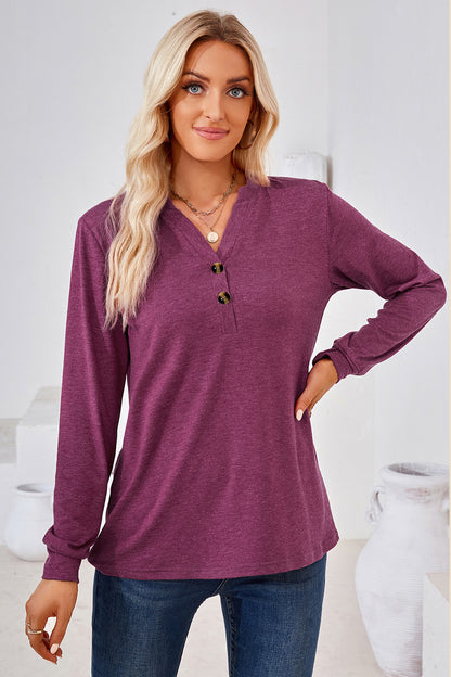 Notched Button Detail Long Sleeve T-Shirt-Angel Casuals