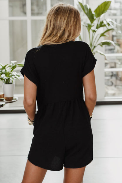 Pocketed V-Neck Short Sleeve Romper-Angel Casuals