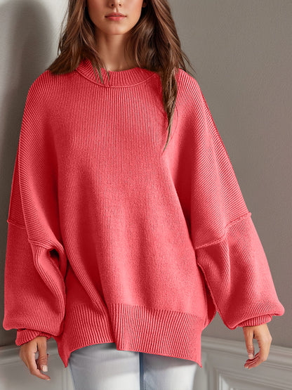 Double Take Side Slit Round Neck Long Sleeve Sweater-Angel Casuals