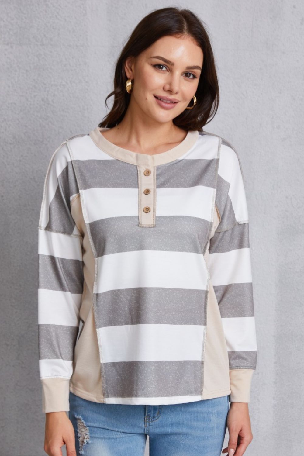 Striped Exposed Seam Buttoned T-Shirt-Angel Casuals