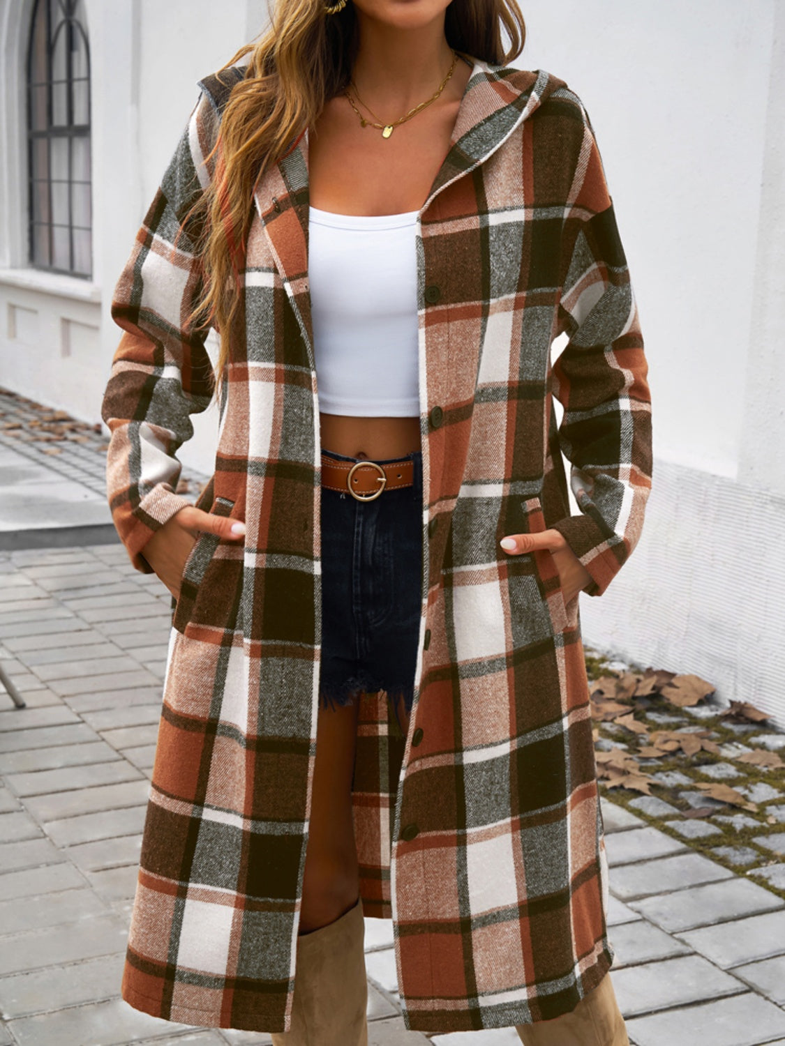 Devine Plaid Long Sleeve Hooded Coat-Angel Casuals