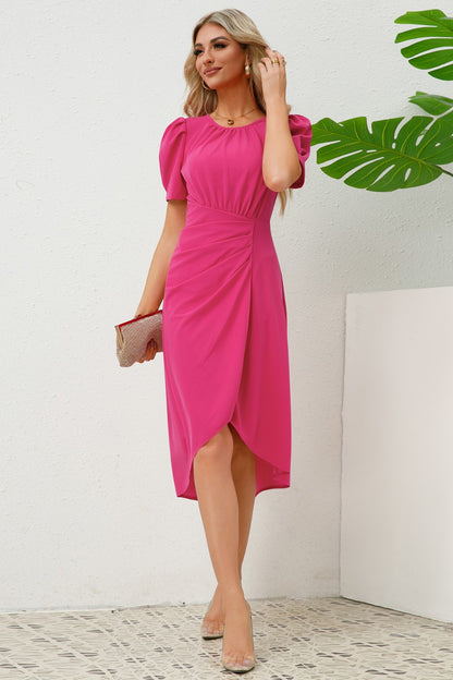 Slit Ruched Round Neck Puff Sleeve Dress-Angel Casuals