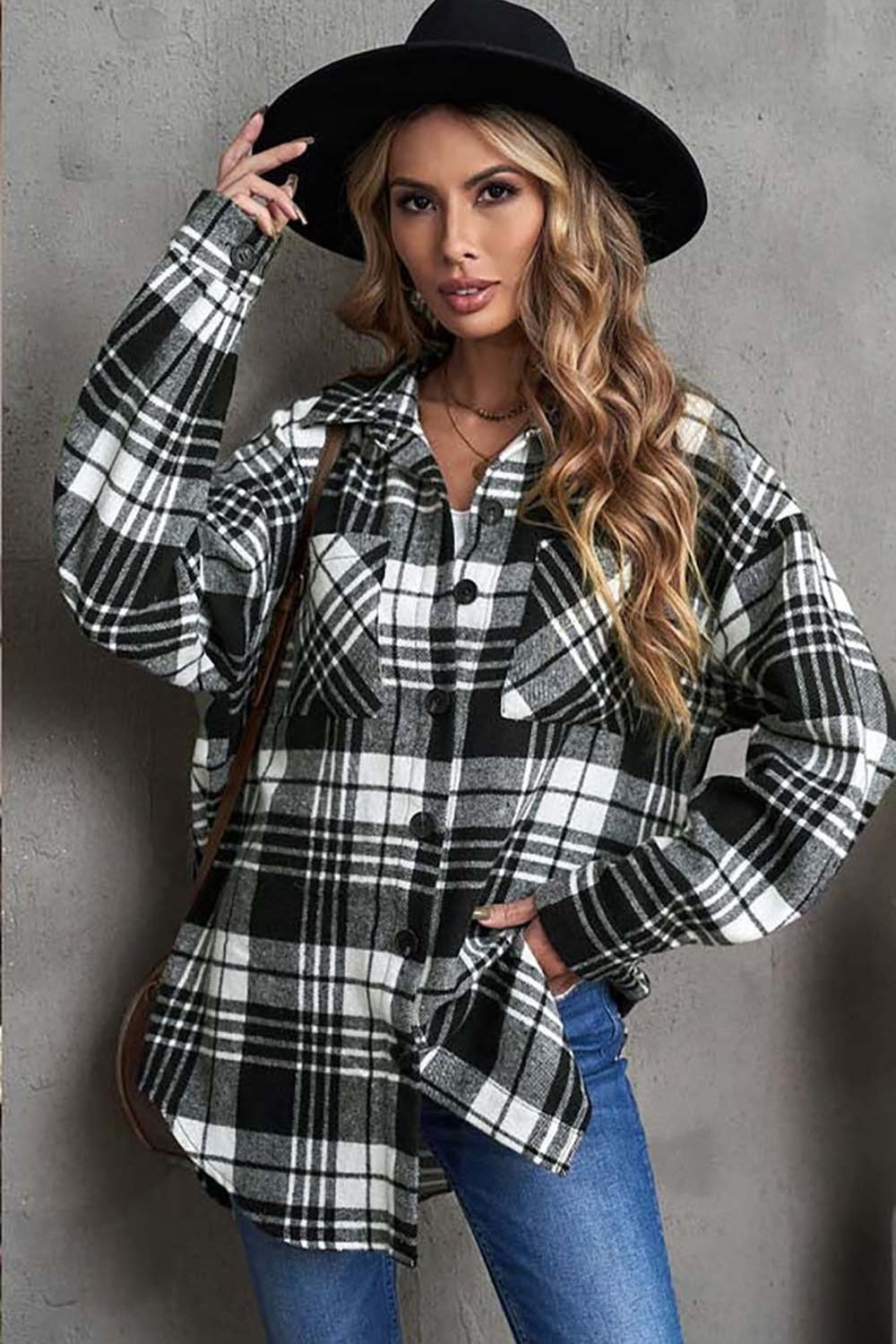 Plaid Collared Neck Button Up Jacket with Pockets-Angel Casuals