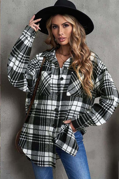 Plaid Collared Neck Button Up Jacket with Pockets-Angel Casuals