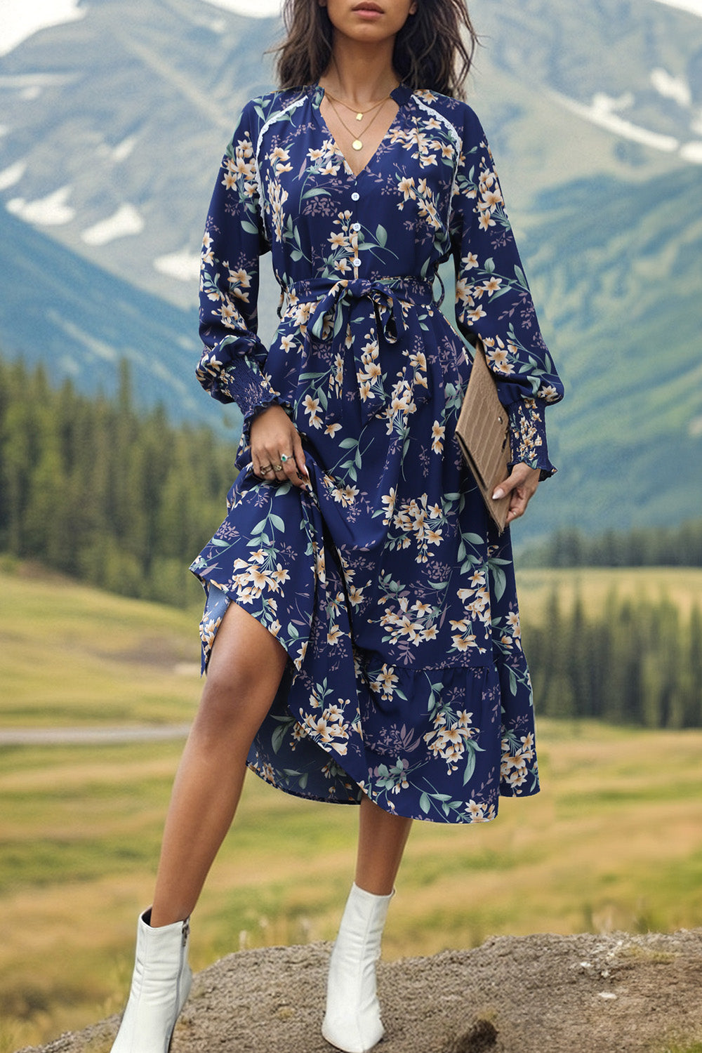 Printed Notched Lantern Sleeve Midi Dress-Angel Casuals