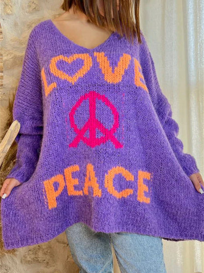 Peace Graphic V-Neck Long Sleeve Sweater-Angel Casuals