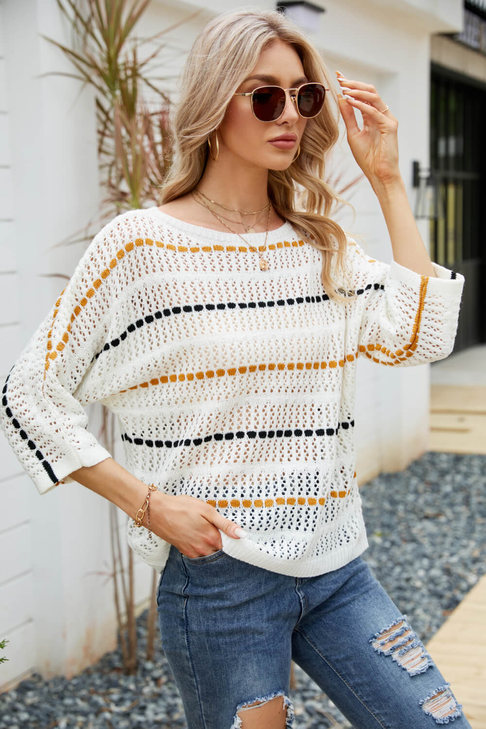 Striped Openwork Three-Quarter Sleeve Knit Top-Angel Casuals