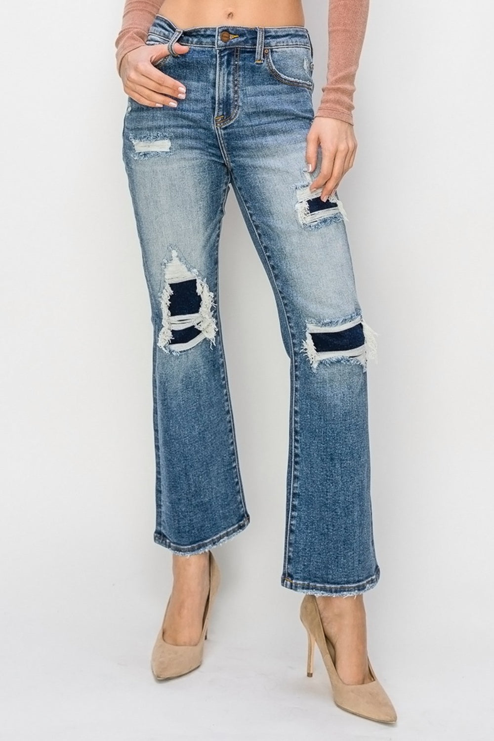 Risen Full Size High Rise Distressed Ankle Flare Jeans-Angel Casuals